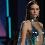 A model walks the runway in a shimmering, holographic Prada gown with adaptive smart textiles, glowing softly under cosmic-inspired lighting at the 2035 Milan fashion show.