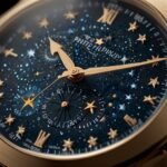 A sleek, futuristic Patek Philippe watch with a glowing cosmic dial, advanced materials, and modular design elements, set against a high-tech workshop background in 2037.